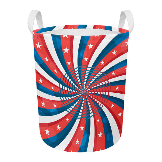 Swirly American Patriotic Print Round Laundry Basket