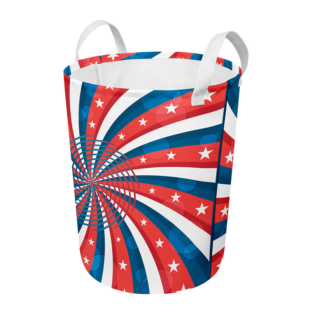 Swirly American Patriotic Print Round Laundry Basket