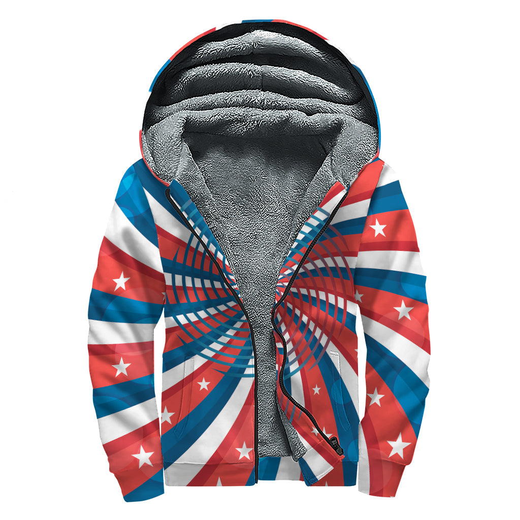 Swirly American Patriotic Print Sherpa Lined Zip Up Hoodie