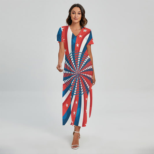 Swirly American Patriotic Print Short Sleeve Maxi Dress