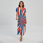 Swirly American Patriotic Print Short Sleeve Maxi Dress