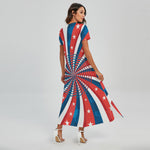 Swirly American Patriotic Print Short Sleeve Maxi Dress