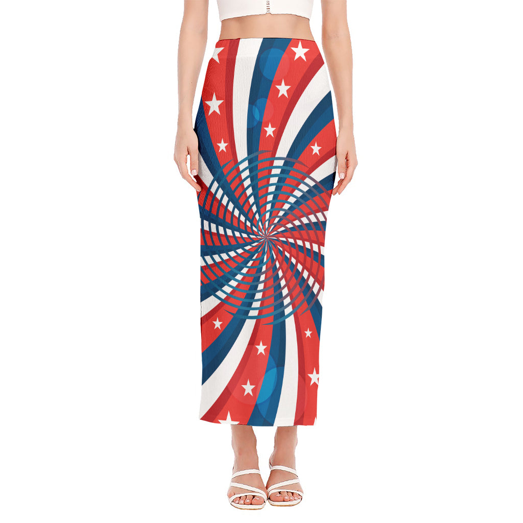 Swirly American Patriotic Print Side Slit Maxi Skirt