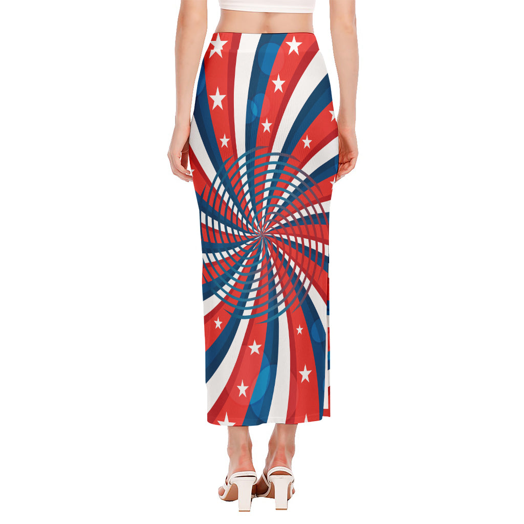 Swirly American Patriotic Print Side Slit Maxi Skirt