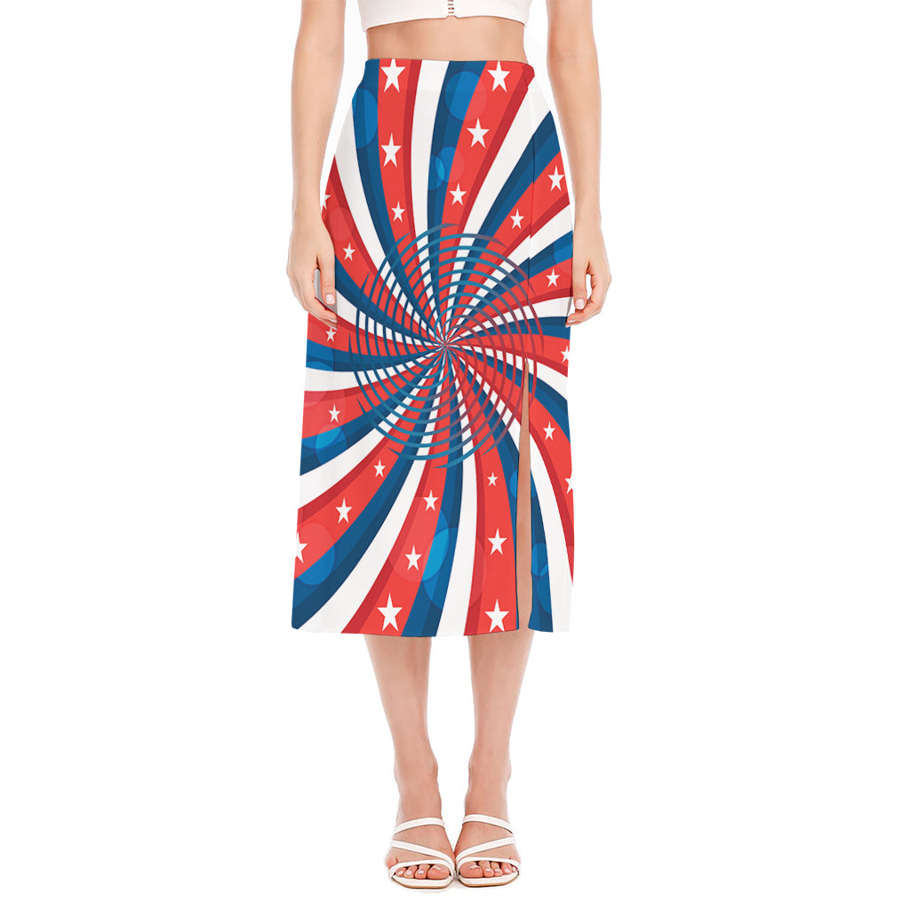 Swirly American Patriotic Print Side Slit Midi Skirt