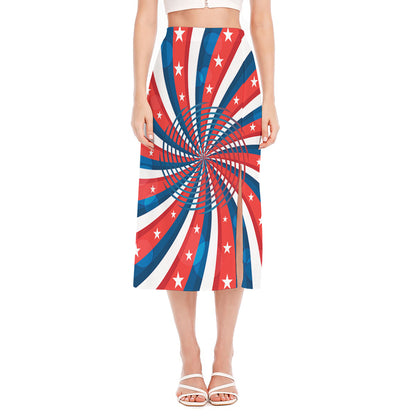 Swirly American Patriotic Print Side Slit Midi Skirt