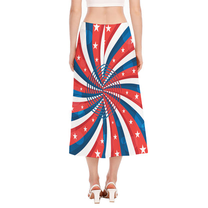 Swirly American Patriotic Print Side Slit Midi Skirt
