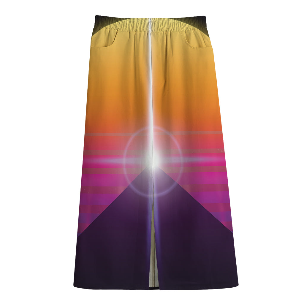 Synthwave Pyramid Print Cotton Front Slit Maxi Skirt