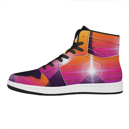 Synthwave Pyramid Print High Top Leather Sneakers