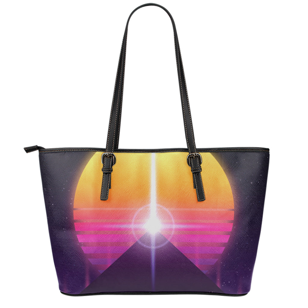 Synthwave Pyramid Print Leather Tote Bag