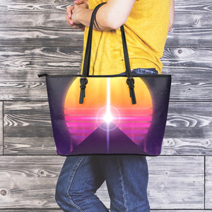 Synthwave Pyramid Print Leather Tote Bag