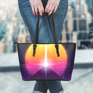 Synthwave Pyramid Print Leather Tote Bag