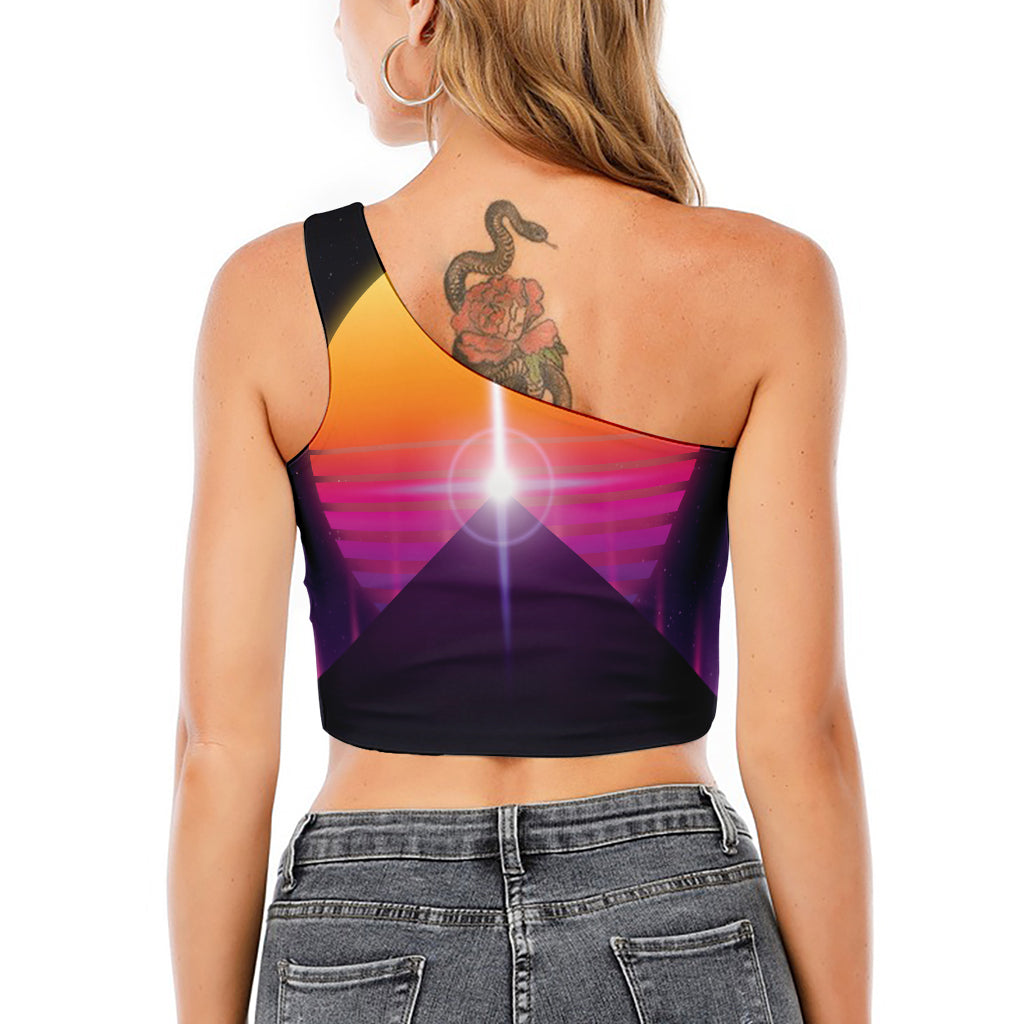 Synthwave Pyramid Print One Shoulder Crop Top