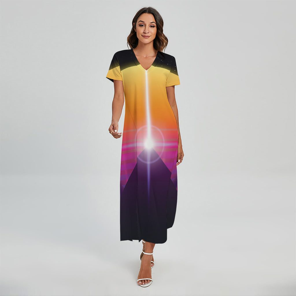 Synthwave Pyramid Print Short Sleeve Maxi Dress