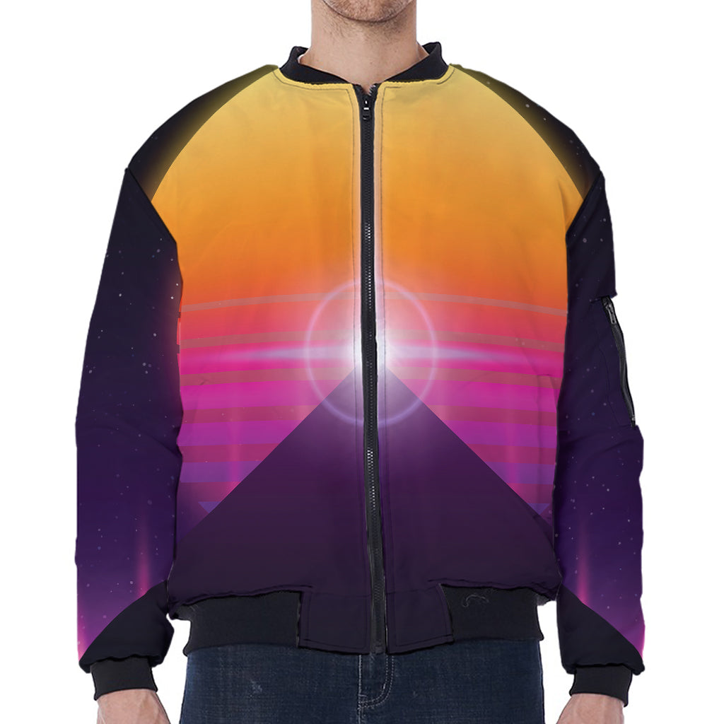 Synthwave Pyramid Print Zip Sleeve Bomber Jacket