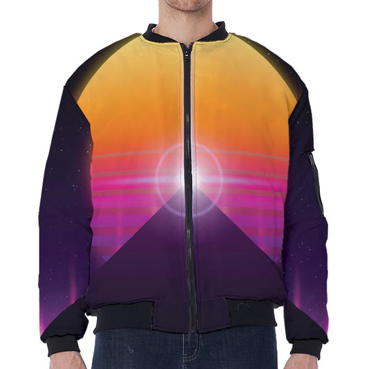 Synthwave Pyramid Print Zip Sleeve Bomber Jacket