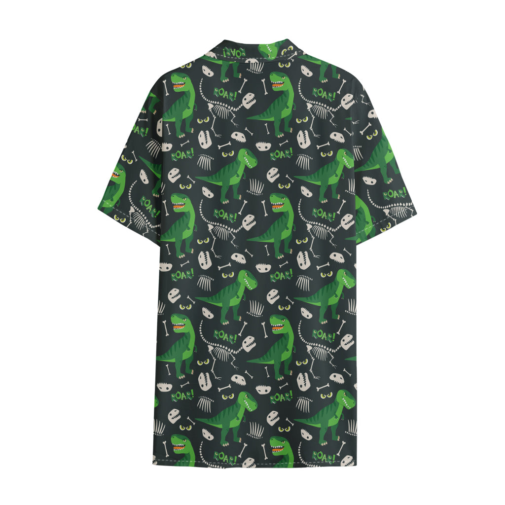 T-Rex And Dino Fossil Pattern Print Cotton Hawaiian Shirt