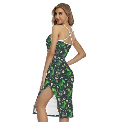 T-Rex And Dino Fossil Pattern Print Cross Back Cami Dress