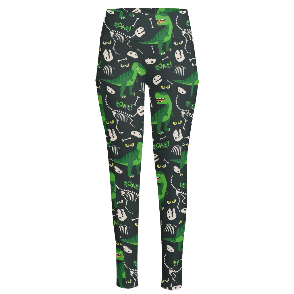 T-Rex And Dino Fossil Pattern Print High-Waisted Pocket Leggings