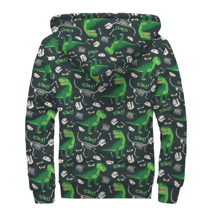T-Rex And Dino Fossil Pattern Print Sherpa Lined Zip Up Hoodie