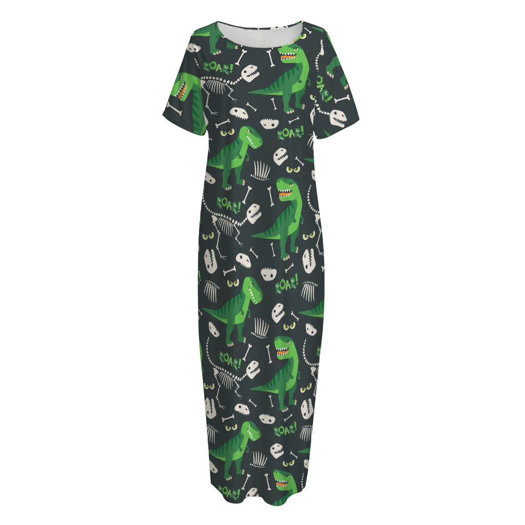 T-Rex And Dino Fossil Pattern Print Short Sleeve Long Nightdress