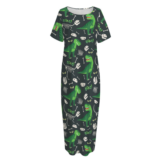 T-Rex And Dino Fossil Pattern Print Short Sleeve Long Nightdress