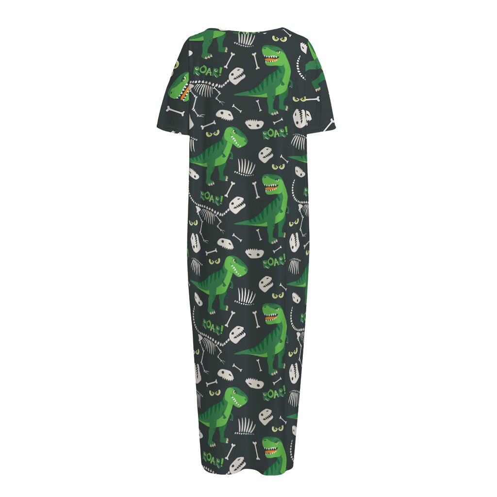 T-Rex And Dino Fossil Pattern Print Short Sleeve Long Nightdress