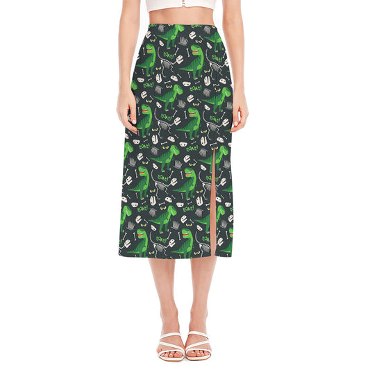 T-Rex And Dino Fossil Pattern Print Side Slit Midi Skirt