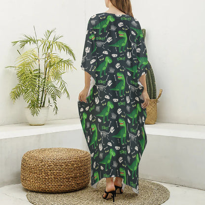 T-Rex And Dino Fossil Pattern Print Silk V-Neck Kaftan Dress