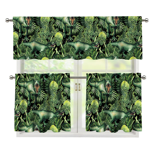 T-Rex Dinosaur And Jurassic Plants Print 3 Piece Kitchen Curtains