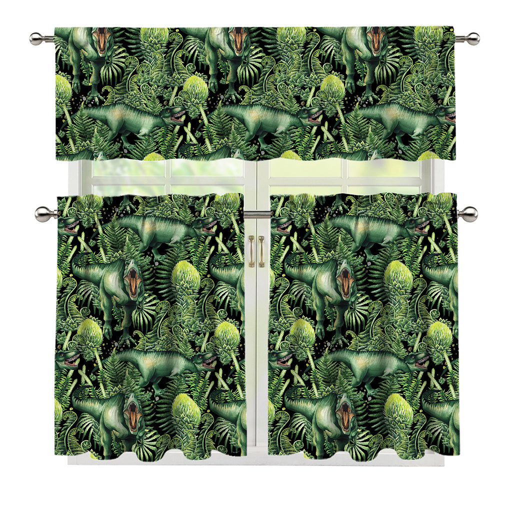 T-Rex Dinosaur And Jurassic Plants Print 3 Piece Kitchen Curtains