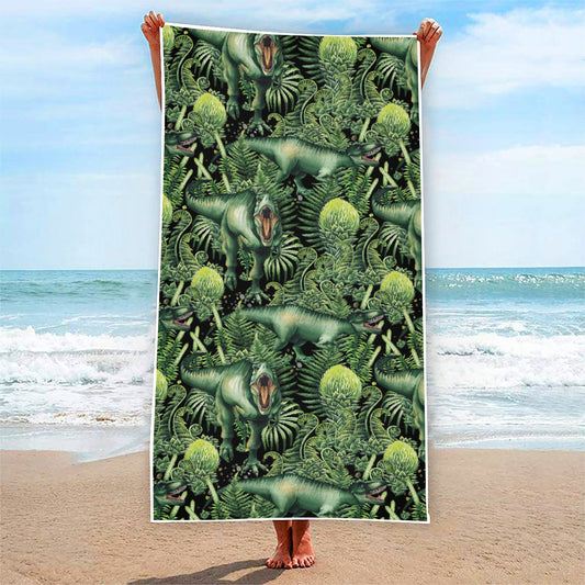 T-Rex Dinosaur And Jurassic Plants Print Beach Towel