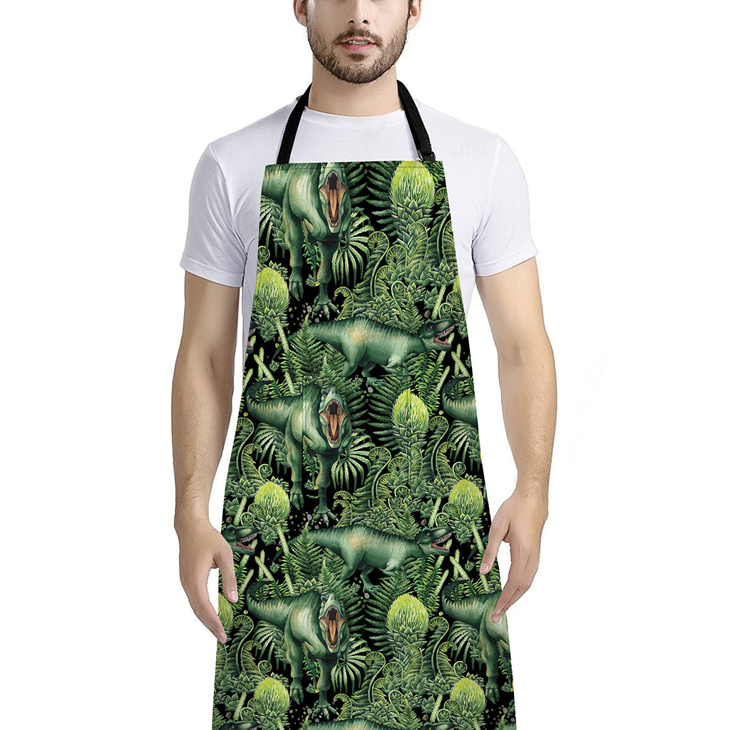 T-Rex Dinosaur And Jurassic Plants Print Bib Apron With Pocket