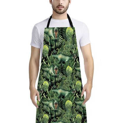 T-Rex Dinosaur And Jurassic Plants Print Bib Apron With Pocket