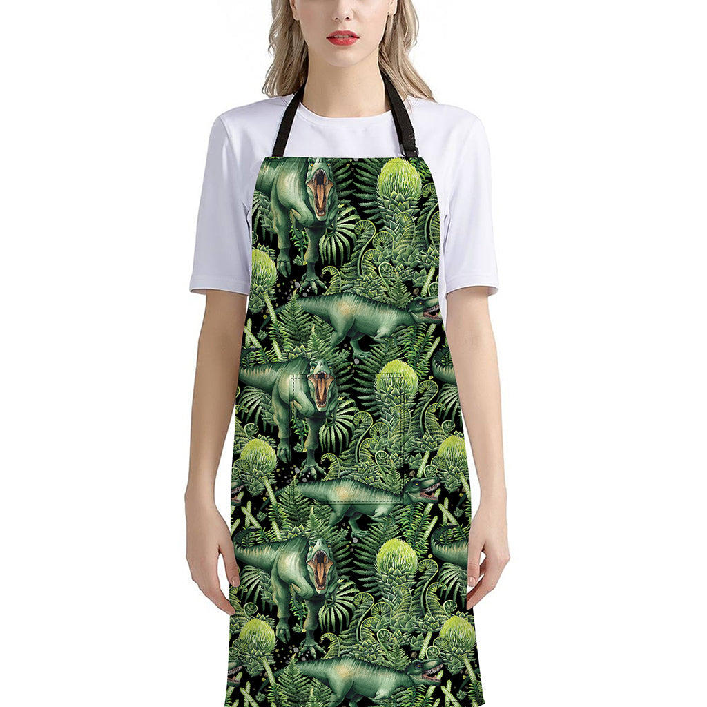 T-Rex Dinosaur And Jurassic Plants Print Bib Apron With Pocket