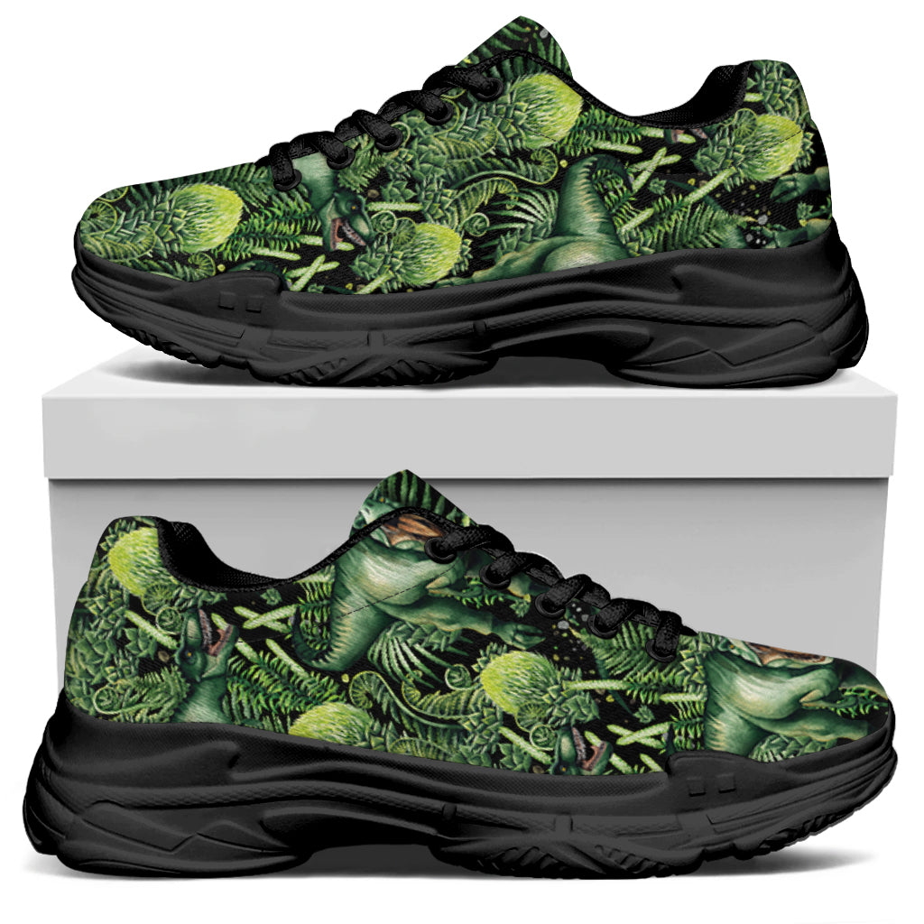 T-Rex Dinosaur And Jurassic Plants Print Black Chunky Shoes