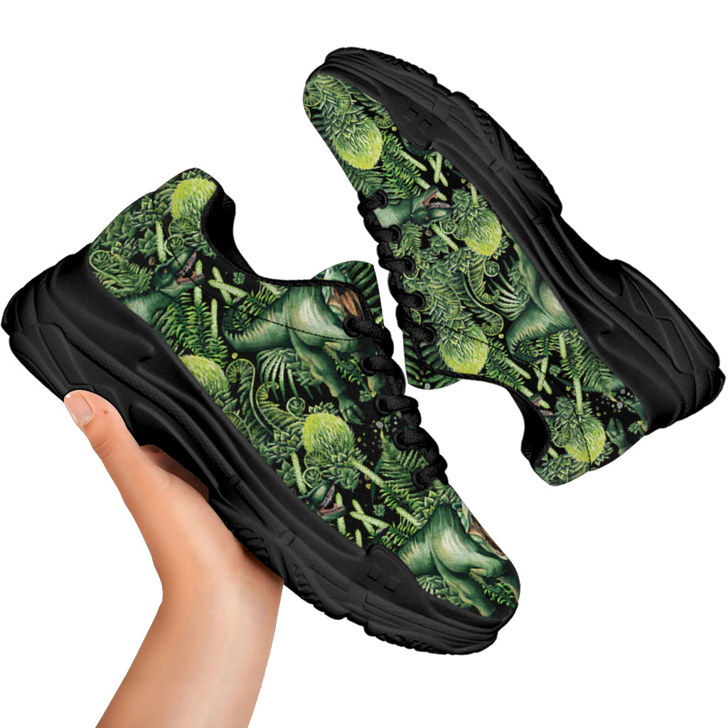 T-Rex Dinosaur And Jurassic Plants Print Black Chunky Shoes