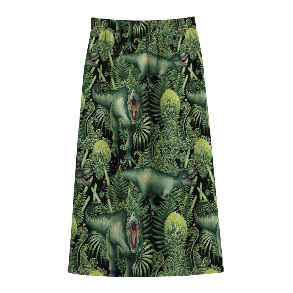 T-Rex Dinosaur And Jurassic Plants Print Cotton Front Slit Maxi Skirt