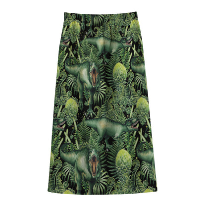 T-Rex Dinosaur And Jurassic Plants Print Cotton Front Slit Maxi Skirt