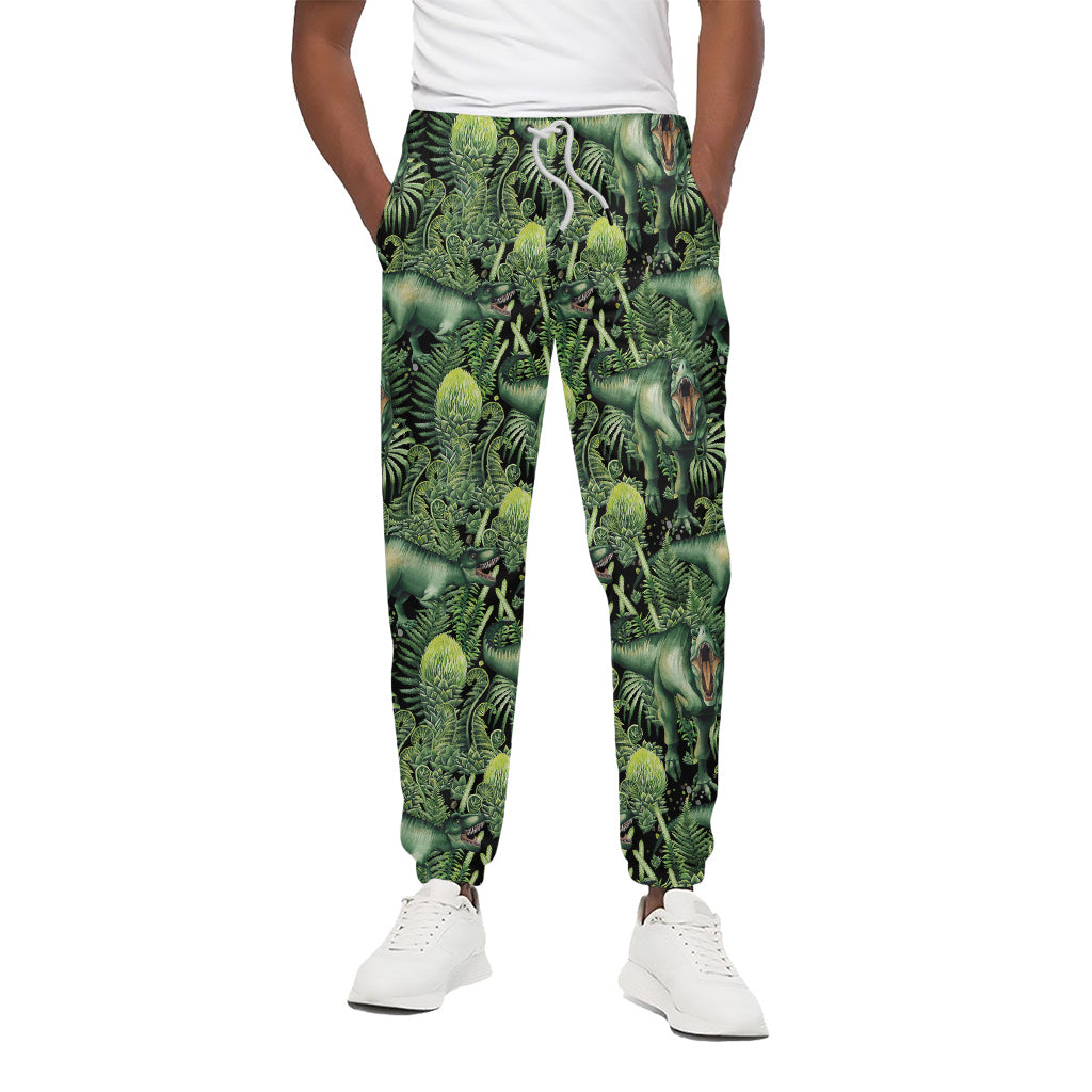 T-Rex Dinosaur And Jurassic Plants Print Cotton Pants