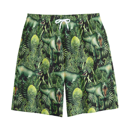 T-Rex Dinosaur And Jurassic Plants Print Cotton Shorts
