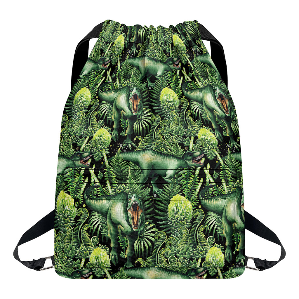 T-Rex Dinosaur And Jurassic Plants Print Drawstring Backpack