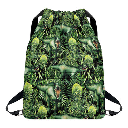 T-Rex Dinosaur And Jurassic Plants Print Drawstring Backpack