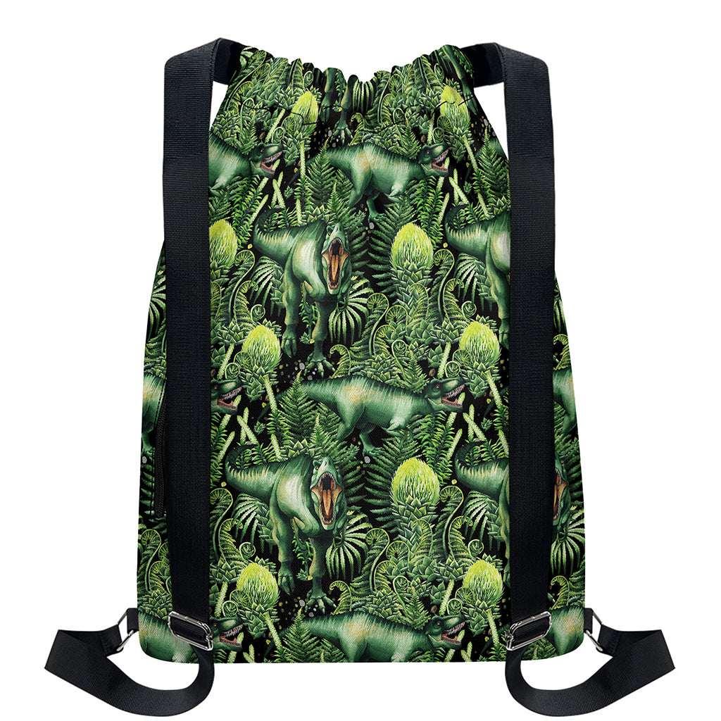T-Rex Dinosaur And Jurassic Plants Print Drawstring Backpack