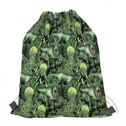 T-Rex Dinosaur And Jurassic Plants Print Drawstring Bag