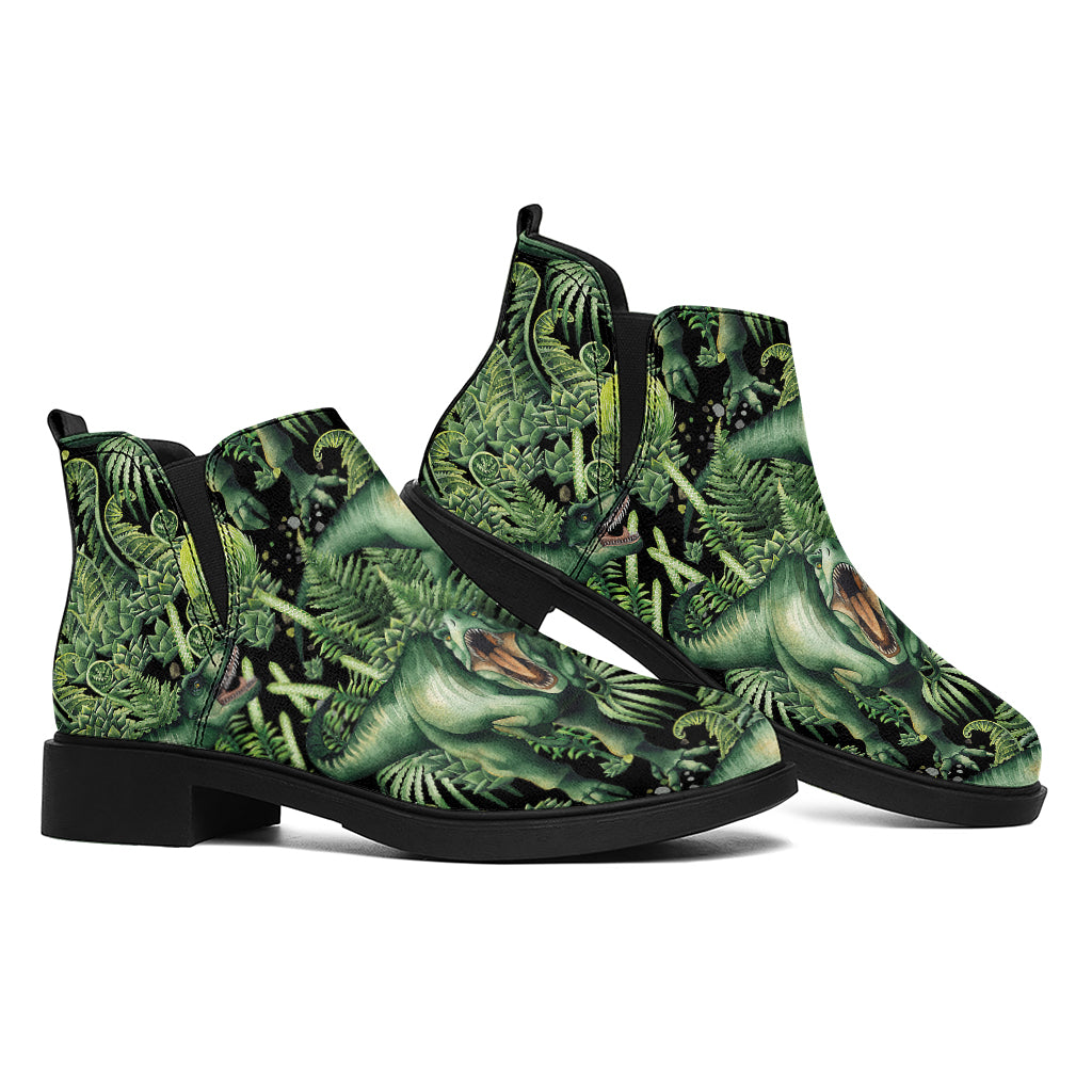 T-Rex Dinosaur And Jurassic Plants Print Flat Ankle Boots