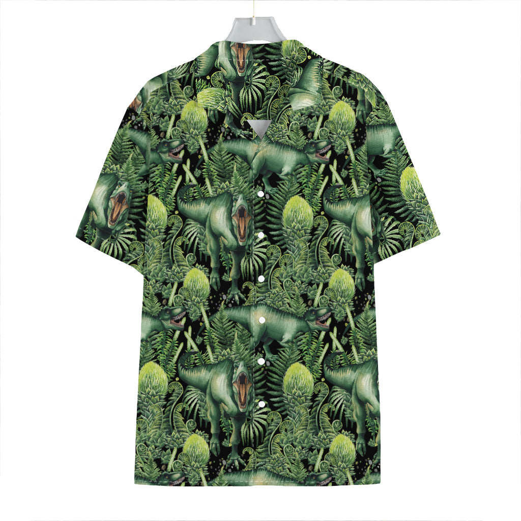 T-Rex Dinosaur And Jurassic Plants Print Hawaiian Shirt
