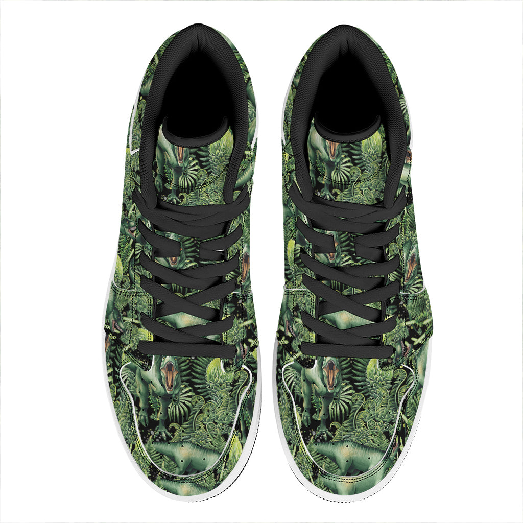 T-Rex Dinosaur And Jurassic Plants Print High Top Leather Sneakers