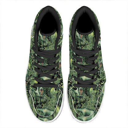 T-Rex Dinosaur And Jurassic Plants Print High Top Leather Sneakers