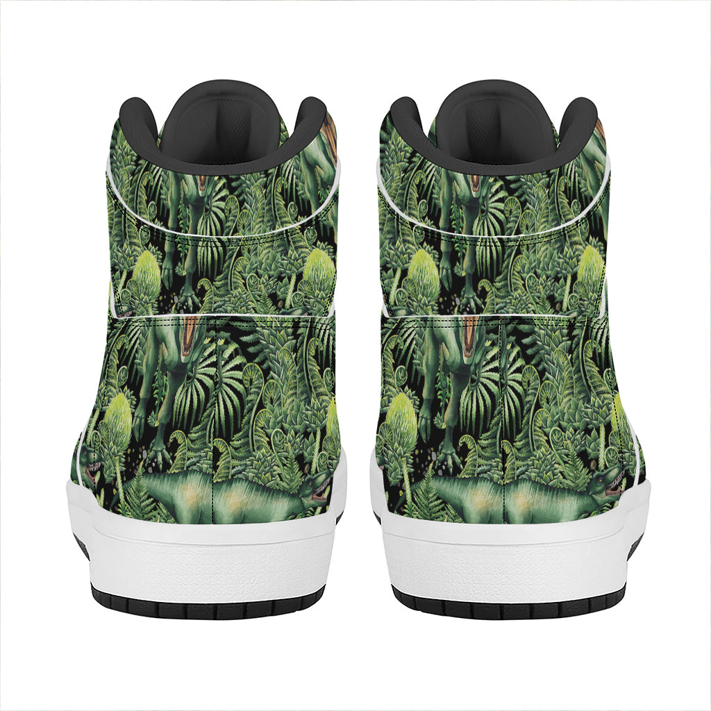 T-Rex Dinosaur And Jurassic Plants Print High Top Leather Sneakers